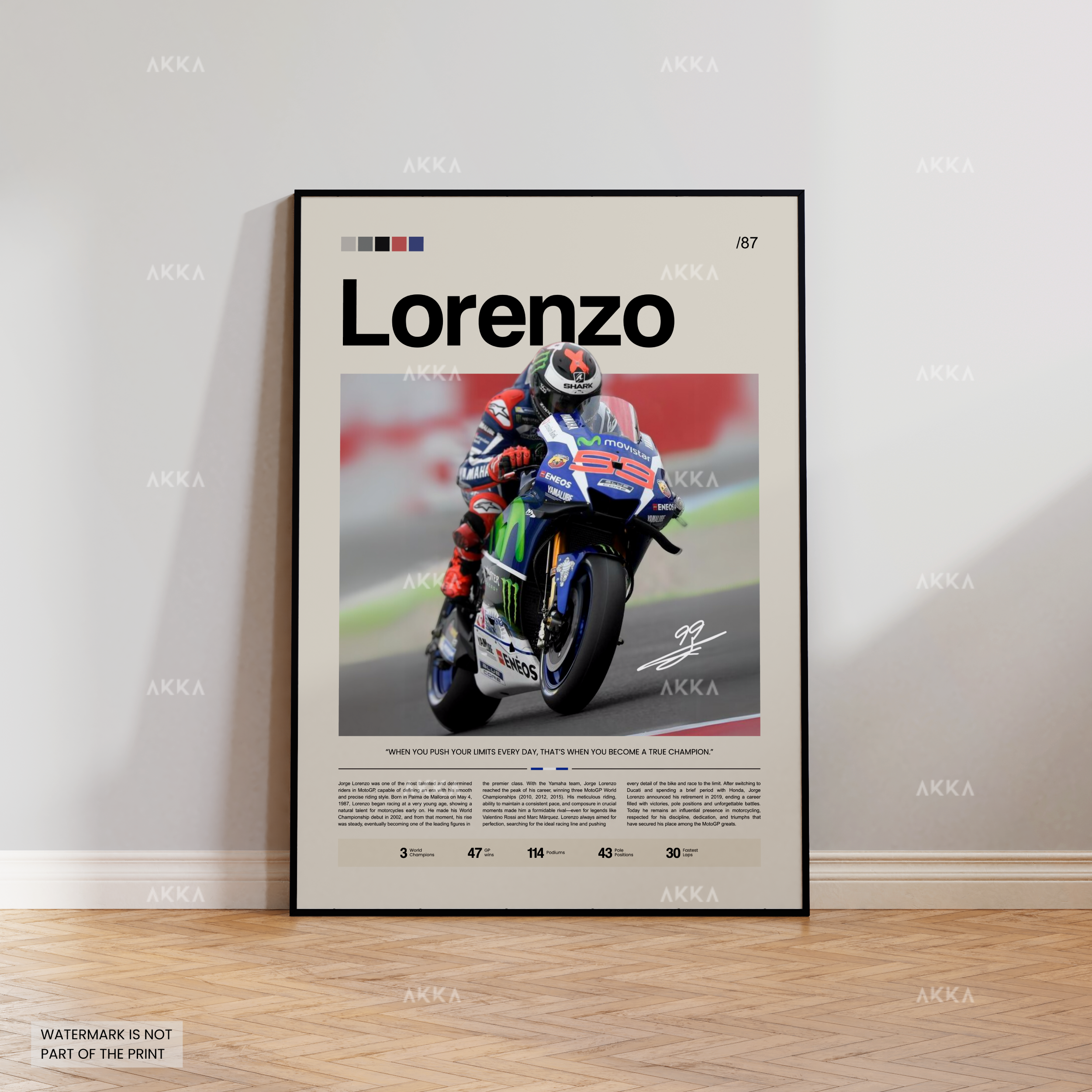 MotoGP poster featuring Jorge Lorenzo racing for Yamaha, minimalist editorial wall art