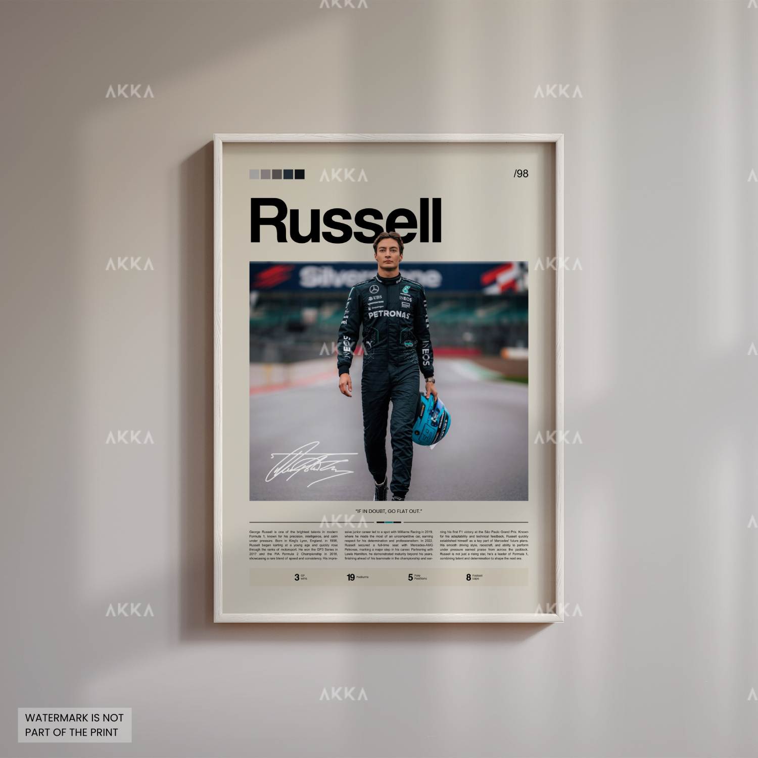 George Russell Formula 1 Mercedes AMG poster in white frame