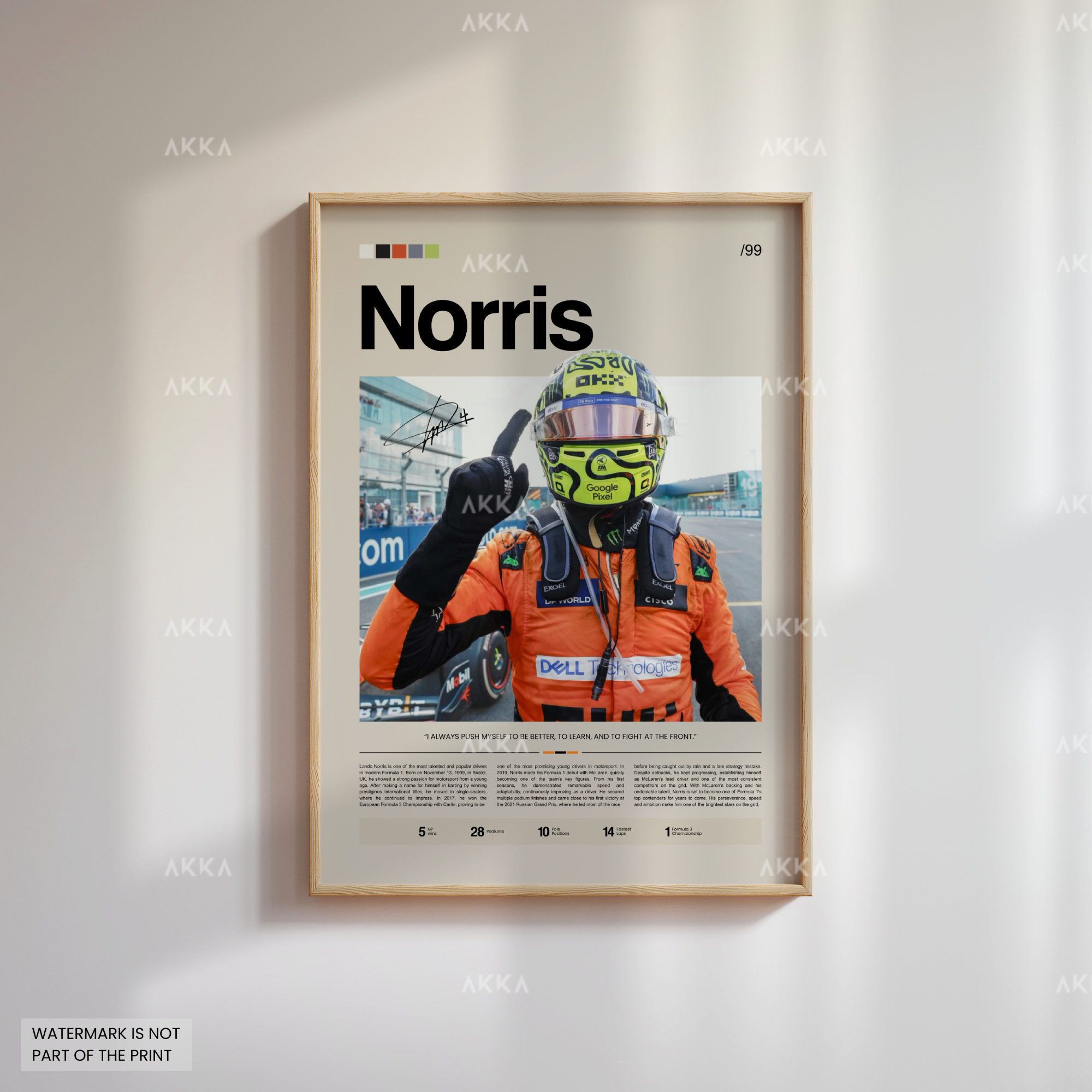 Lando Norris Formula 1 McLaren poster in natural wood frame