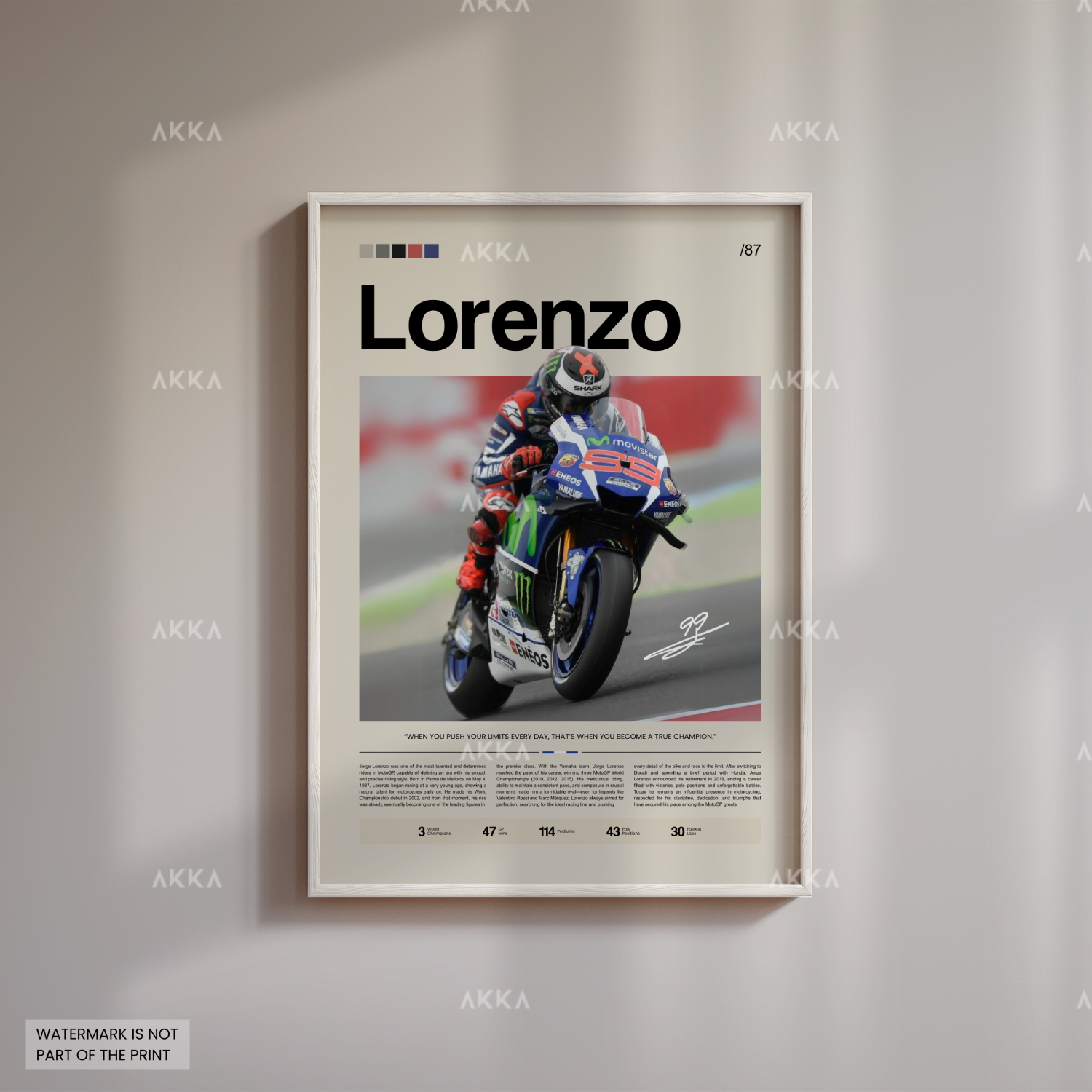 Framed MotoGP poster of Jorge Lorenzo racing for Yamaha with white frame, minimalist editorial wall art