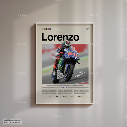 Framed MotoGP poster of Jorge Lorenzo racing for Yamaha with white frame, minimalist editorial wall art