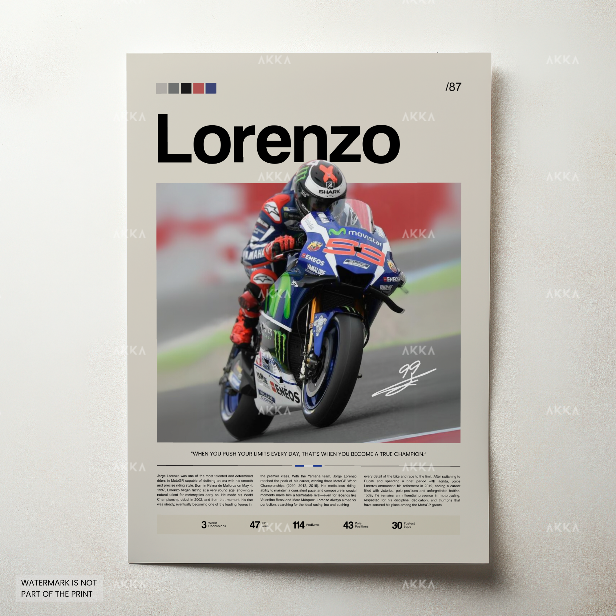 MotoGP poster of Jorge Lorenzo racing for Yamaha, minimalist editorial wall art print