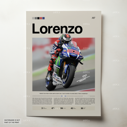 MotoGP poster of Jorge Lorenzo racing for Yamaha, minimalist editorial wall art print