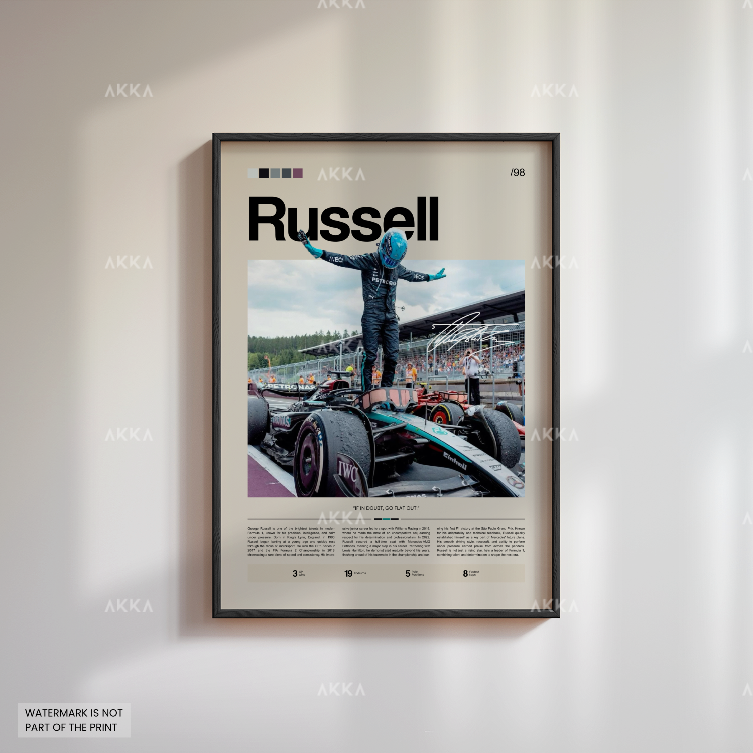 George Russell Formula 1 Mercedes AMG poster in black frame