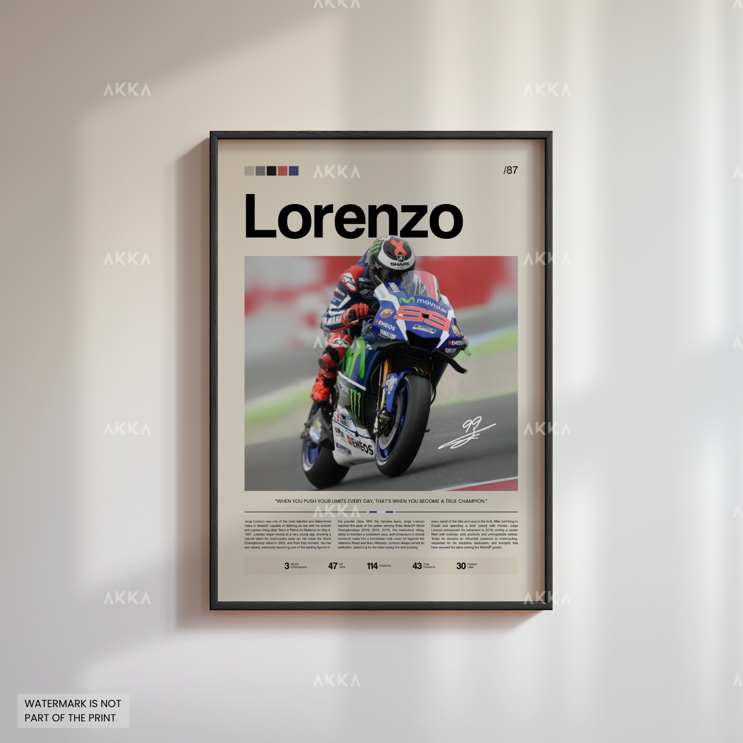 Framed MotoGP poster of Jorge Lorenzo racing for Yamaha with black frame, minimalist editorial wall art