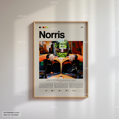 Lando Norris Formula 1 McLaren poster in natural wood frame