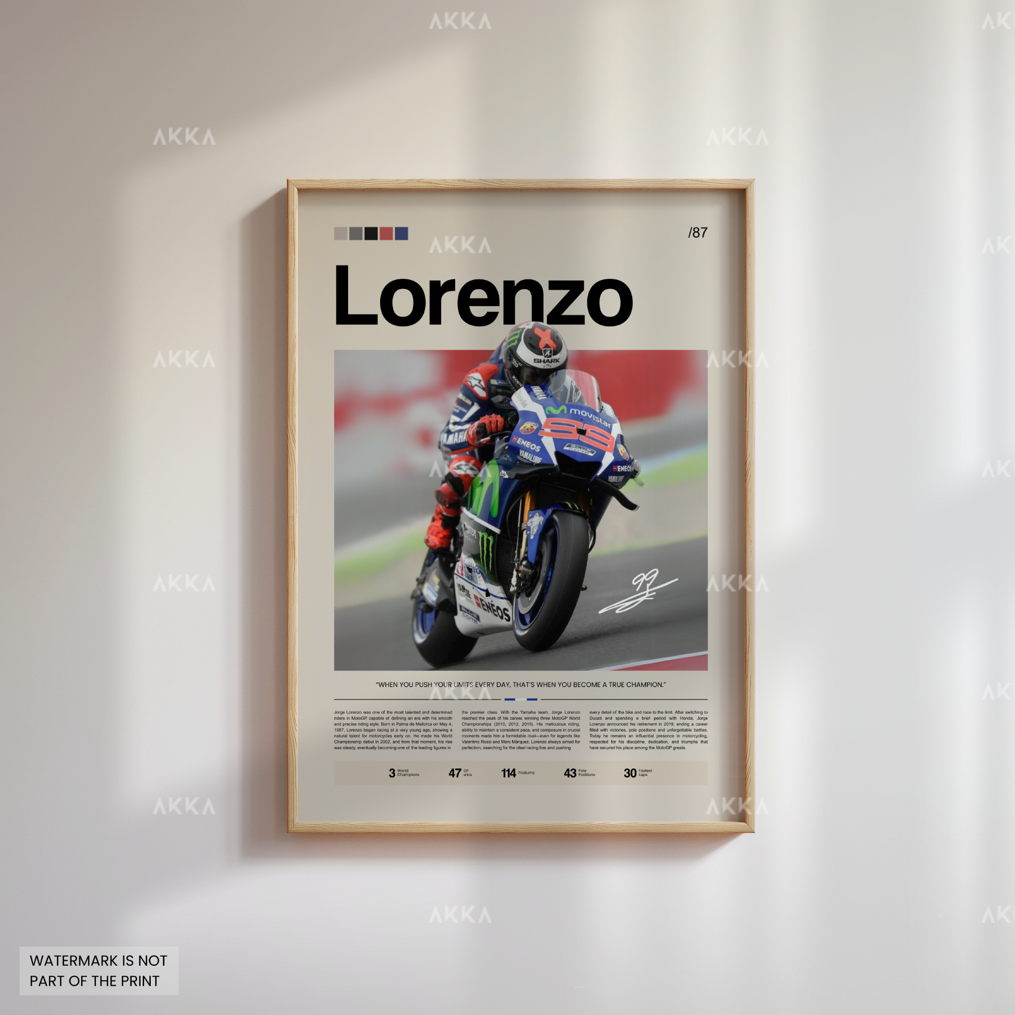 Framed MotoGP poster of Jorge Lorenzo racing for Yamaha with natural wood frame, minimalist editorial wall art