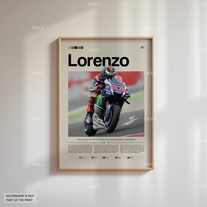 Framed MotoGP poster of Jorge Lorenzo racing for Yamaha with natural wood frame, minimalist editorial wall art