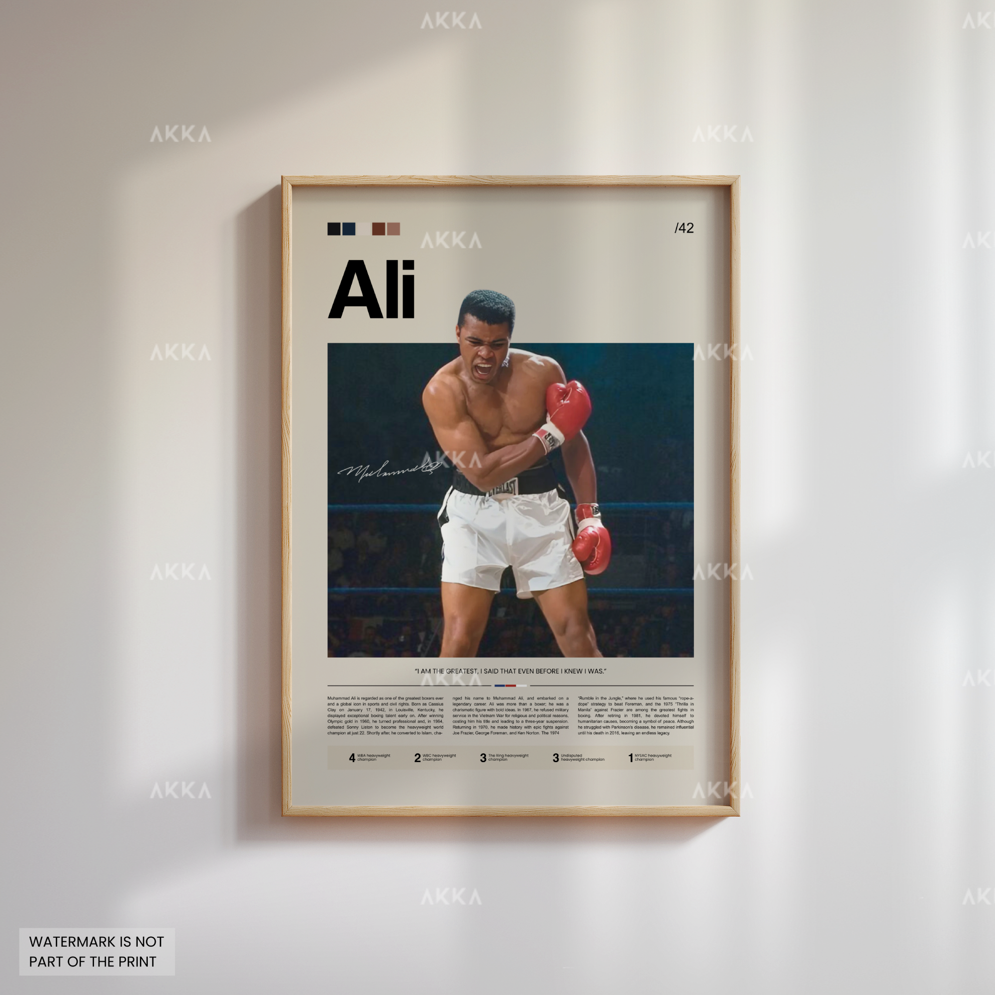 Muhammad Ali boxing poster with natural wood frame