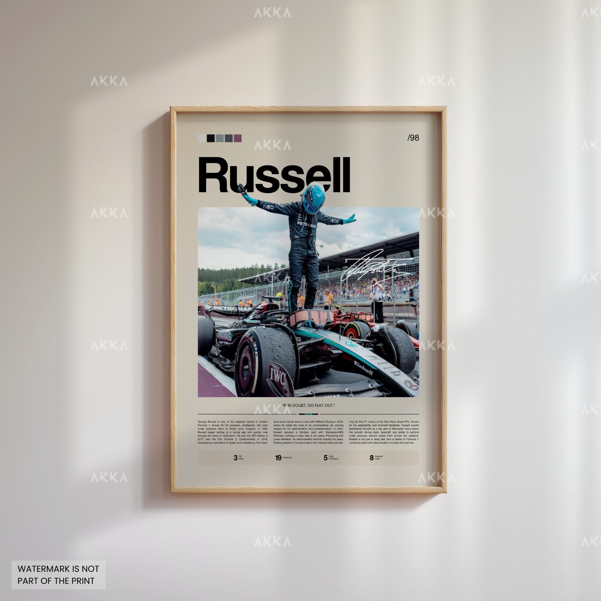 George Russell Formula 1 Mercedes AMG poster in natural wood frame