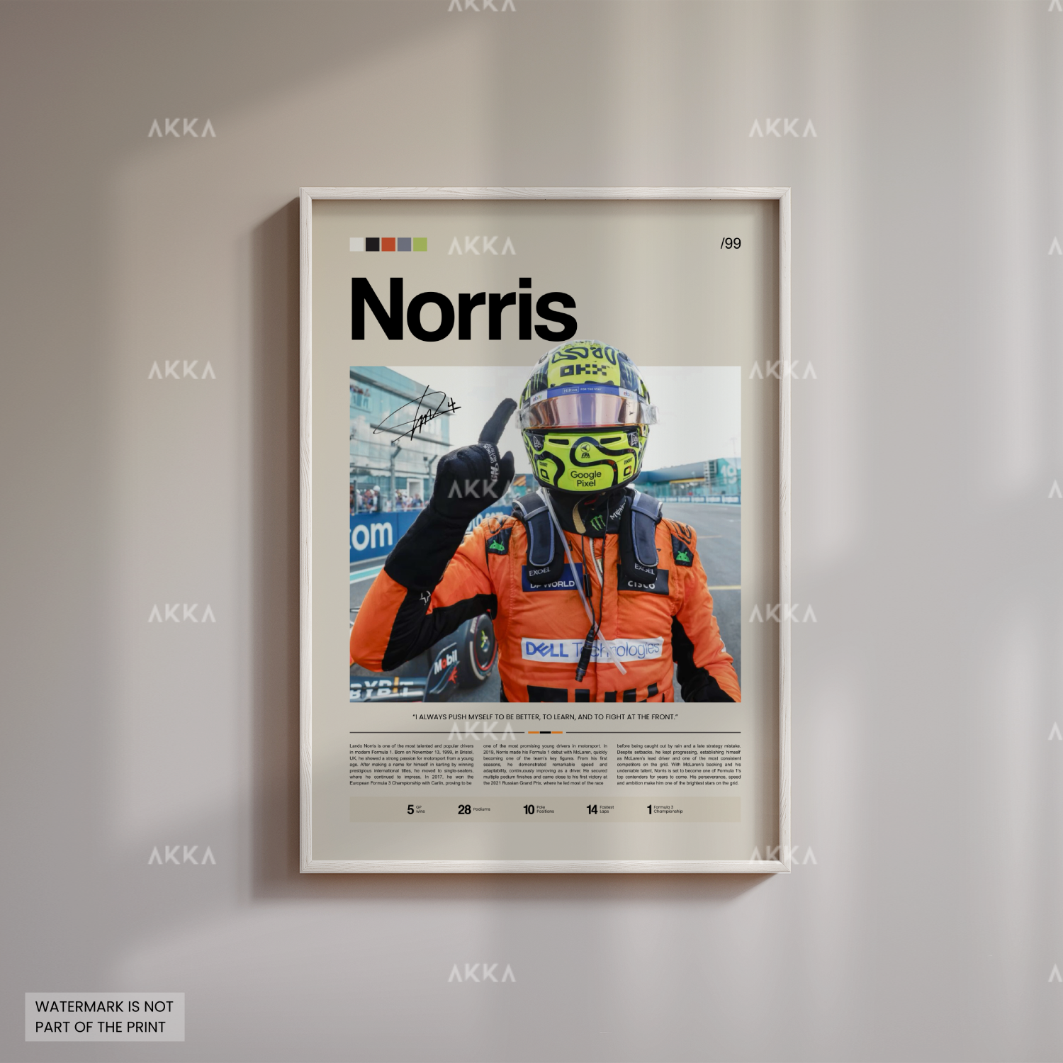 Lando Norris Formula 1 McLaren poster in white frame