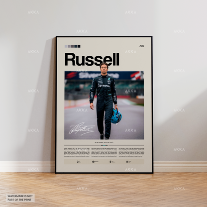 George Russell Formula 1 poster with Mercedes AMG racing design