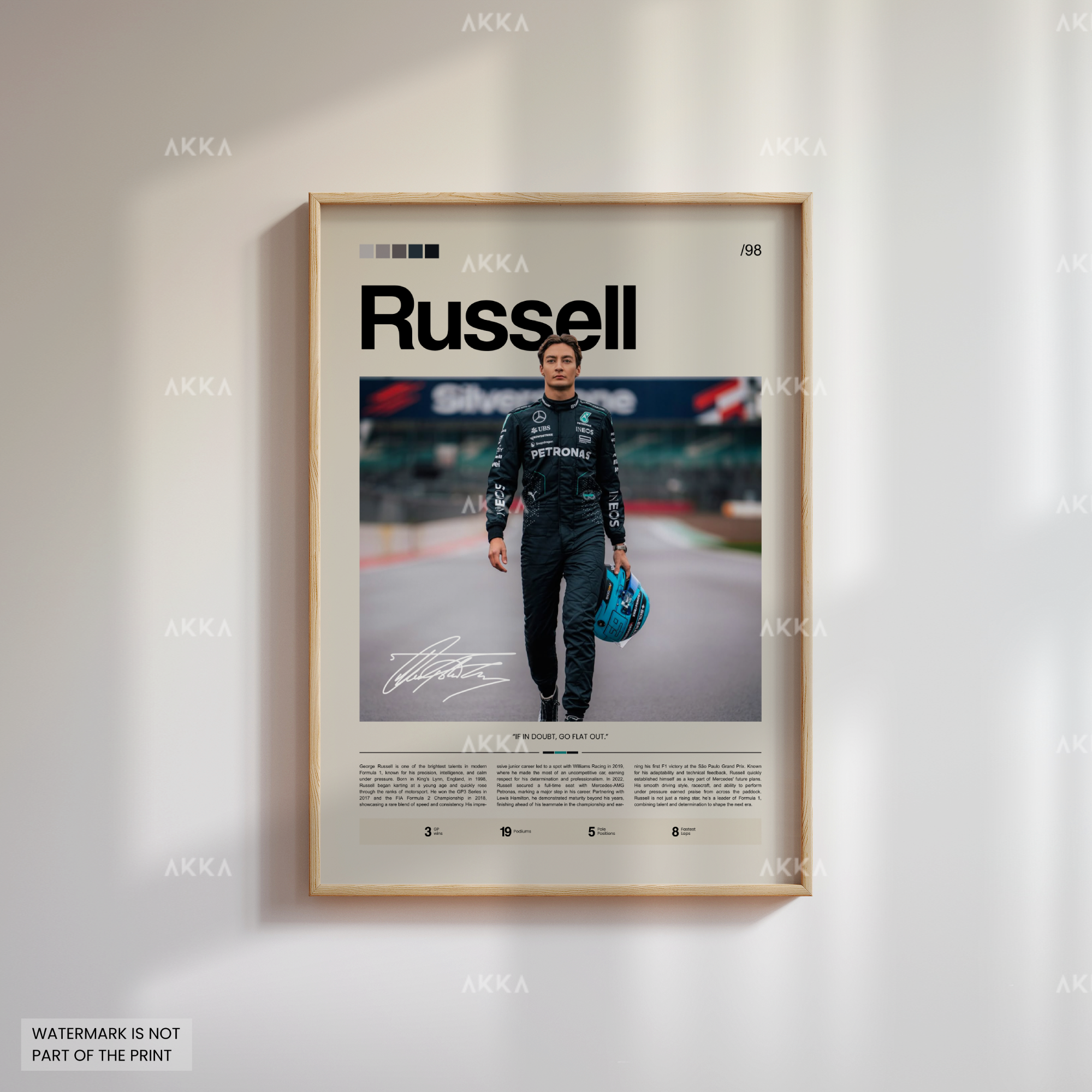 George Russell Formula 1 Mercedes AMG poster in natural wood frame